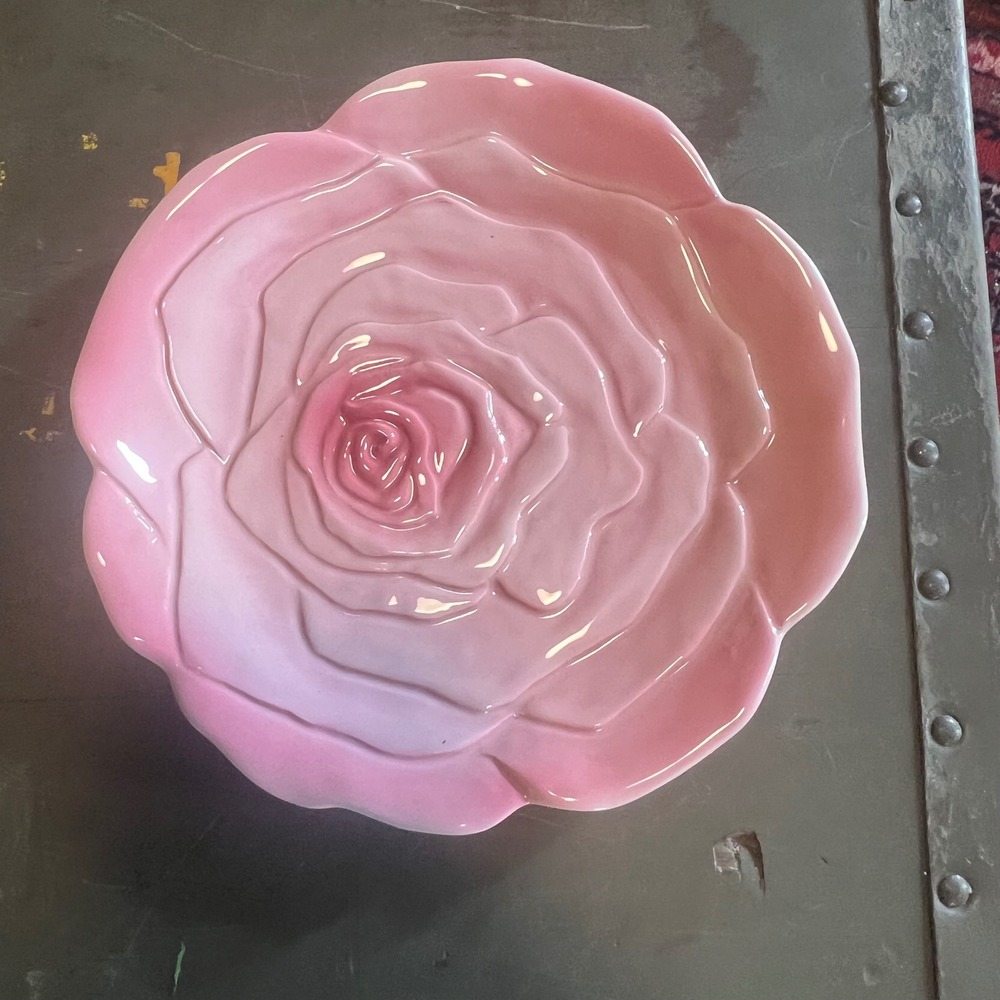 OCI Pink Rose Flower Ceramic Salad Dessert Plates Set of 3 Shabby Chic Botanical